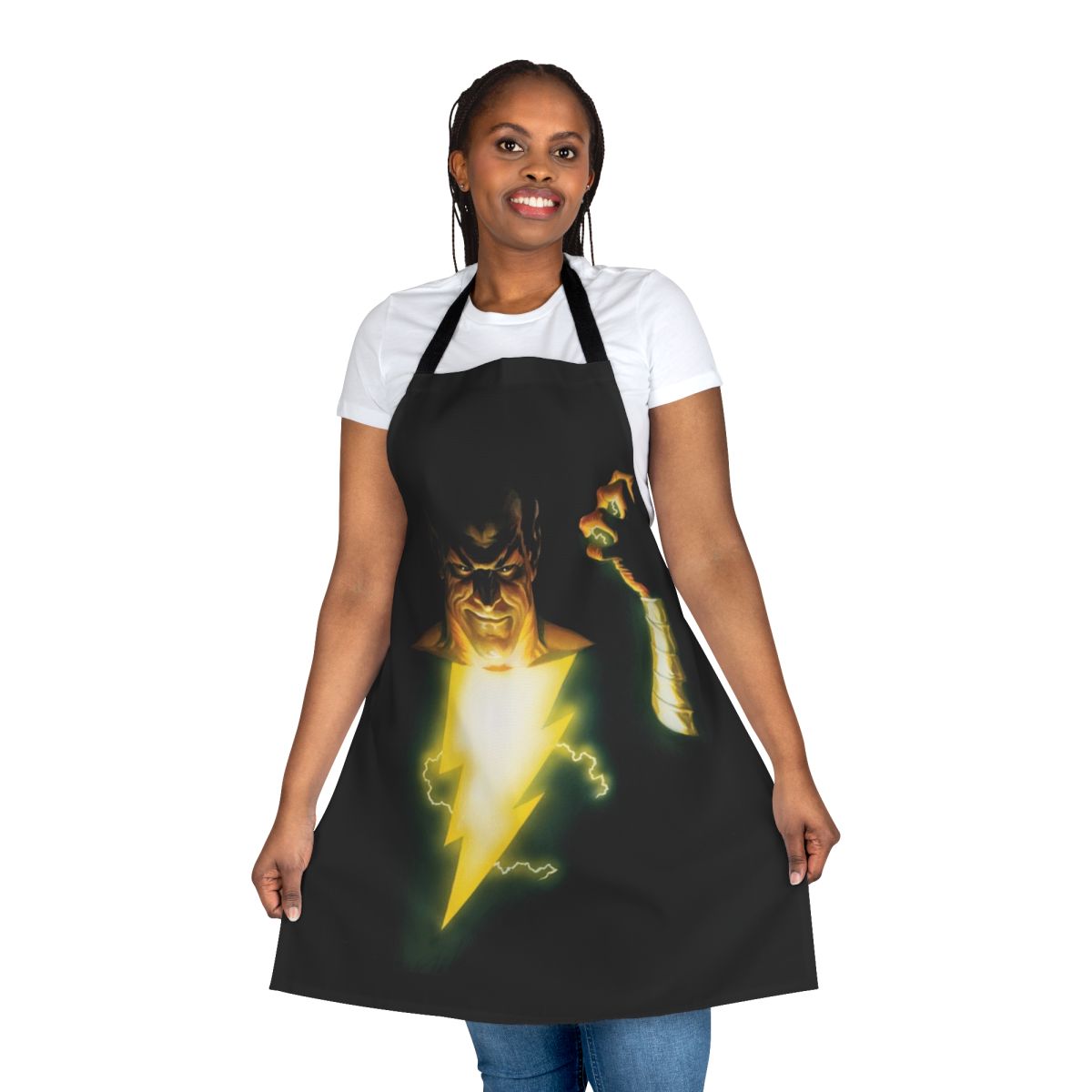 Black and white apron with a superhero-inspired vintage comic book design featuring lightning strike and superhuman powers