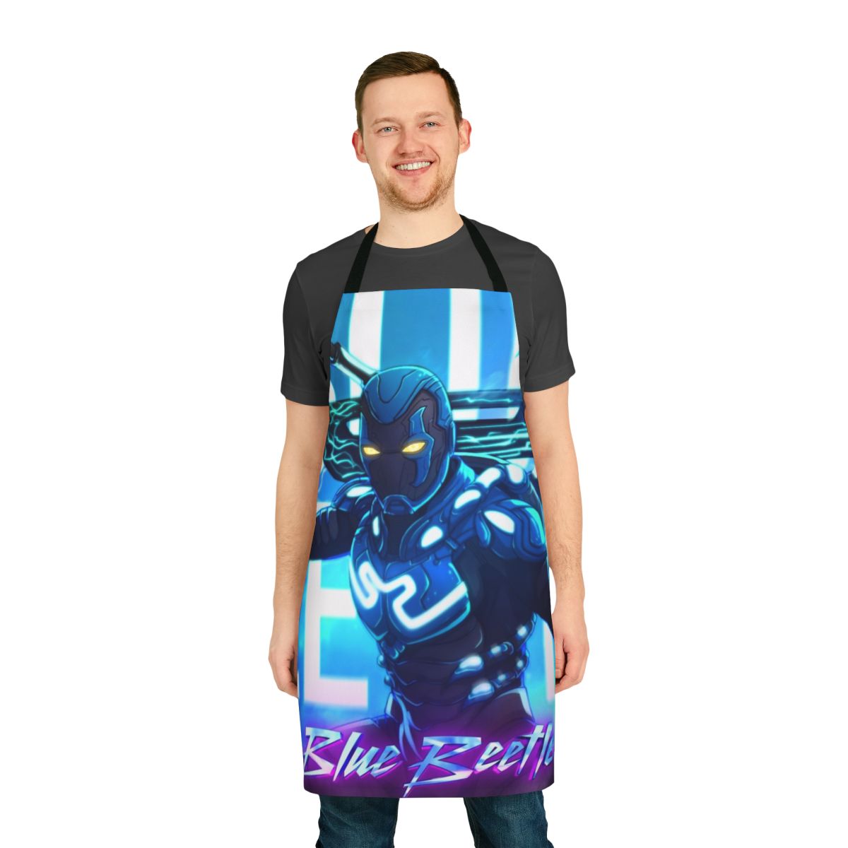 Blue apron featuring the iconic Blue Beetle superhero design