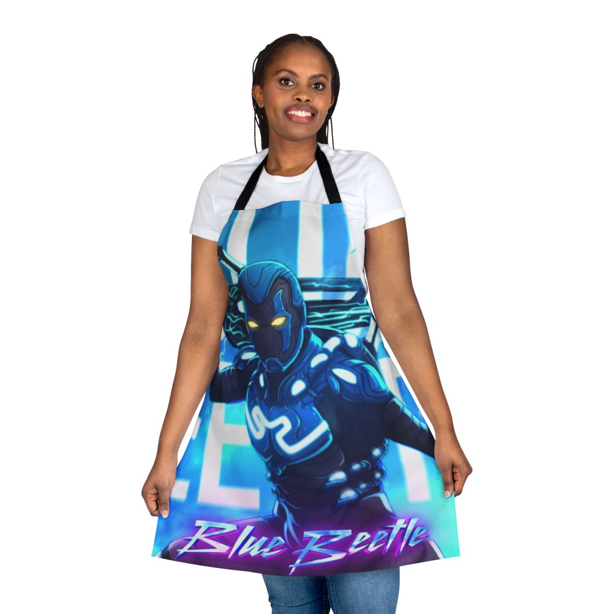 Blue apron featuring the iconic Blue Beetle superhero design