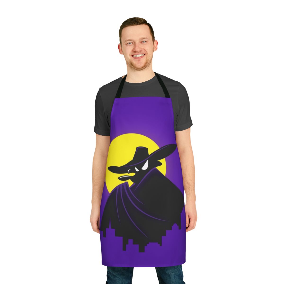 A vibrant apron featuring a mashup of classic Disney cartoon characters in a superhero-inspired design