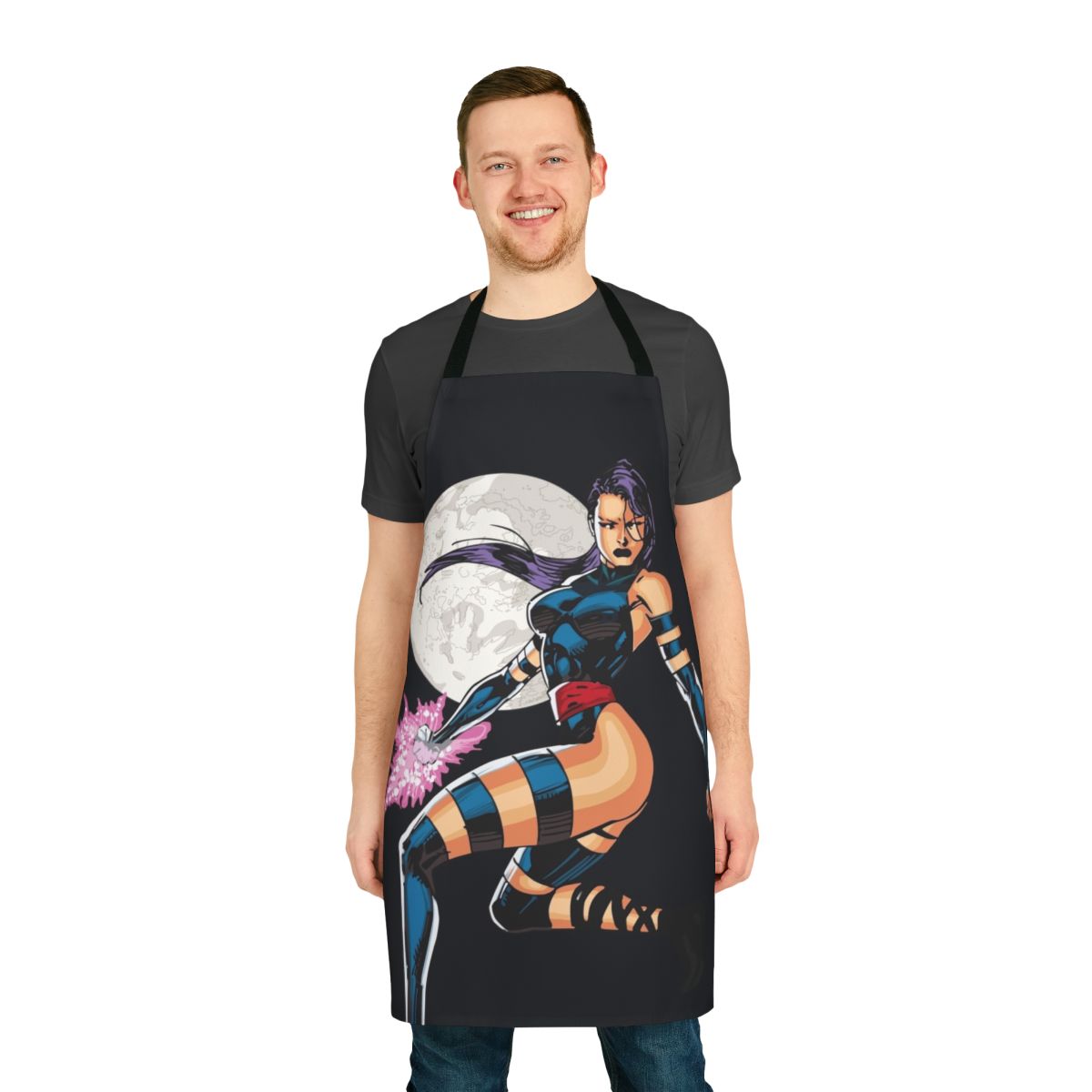A high-quality comic art-style apron featuring the Marvel character Psylocke/Betsy Braddock
