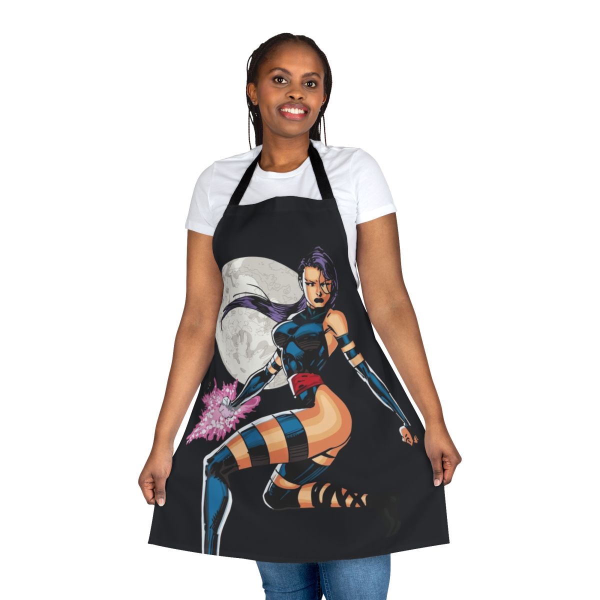 A high-quality comic art-style apron featuring the Marvel character Psylocke/Betsy Braddock
