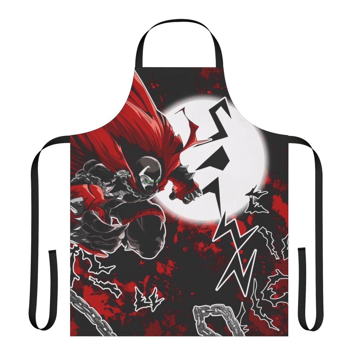An apron featuring a red and black comic book character design, perfect for fans of superheroes and comic books.