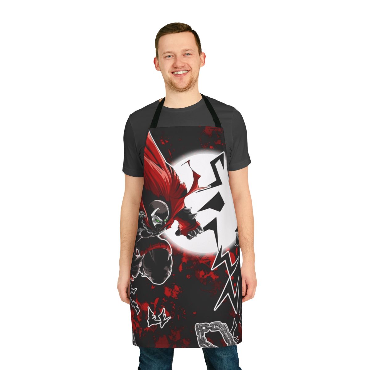 An apron featuring a red and black comic book character design, perfect for fans of superheroes and comic books.