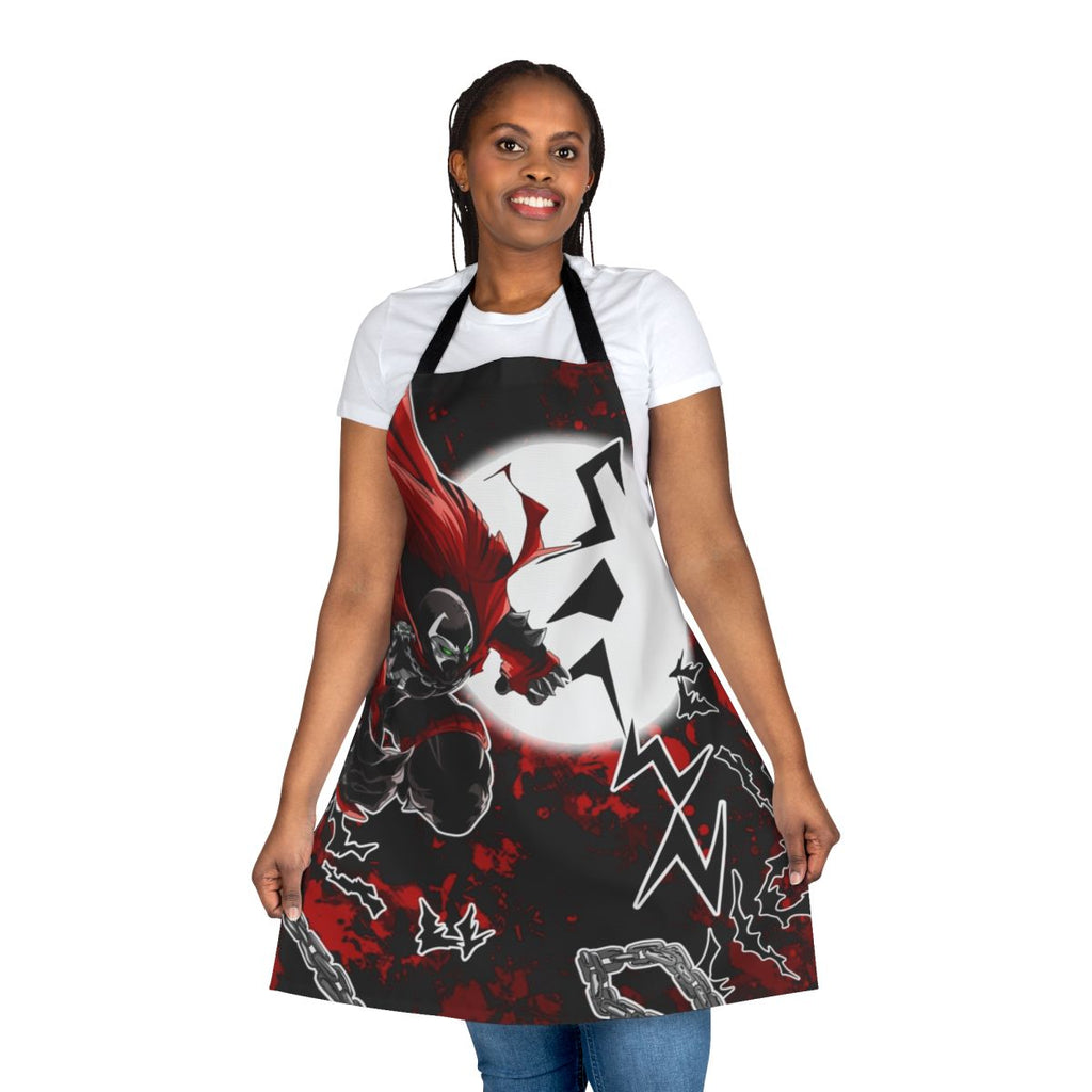 An apron featuring a red and black comic book character design, perfect for fans of superheroes and comic books.