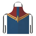 Stylish blue and red apron with a Captain Danvers-inspired superhero design
