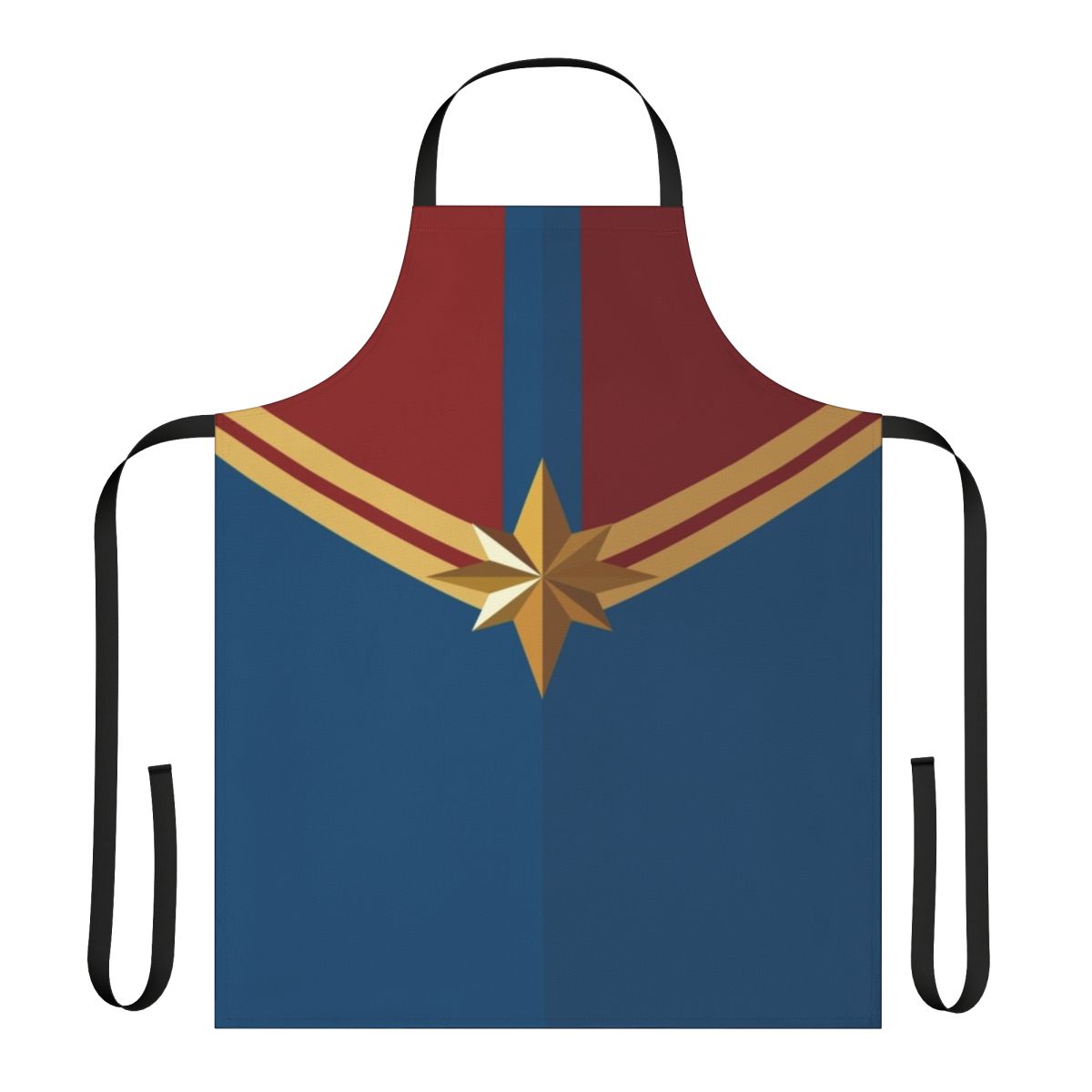 Stylish blue and red apron with a Captain Danvers-inspired superhero design