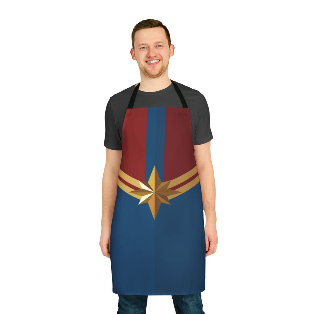 Stylish blue and red apron with a Captain Danvers-inspired superhero design