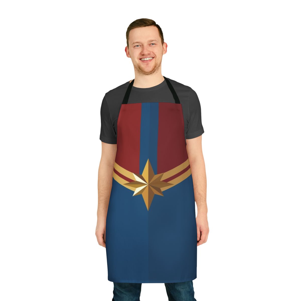 Stylish blue and red apron with a Captain Danvers-inspired superhero design