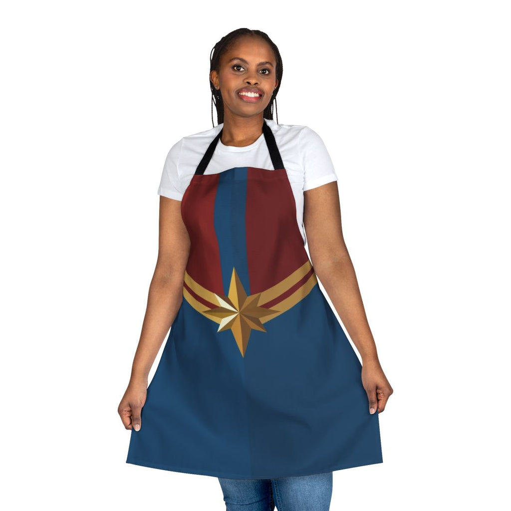 Stylish blue and red apron with a Captain Danvers-inspired superhero design
