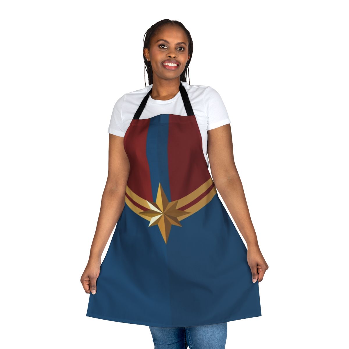 Stylish blue and red apron with a Captain Danvers-inspired superhero design