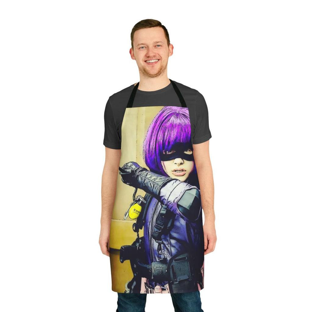Hitgirl-inspired apron with character graphics and action-themed design