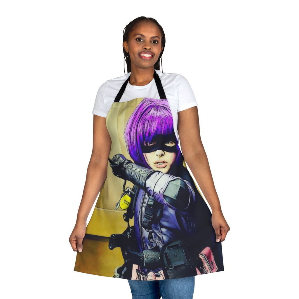 Hitgirl-inspired apron with character graphics and action-themed design