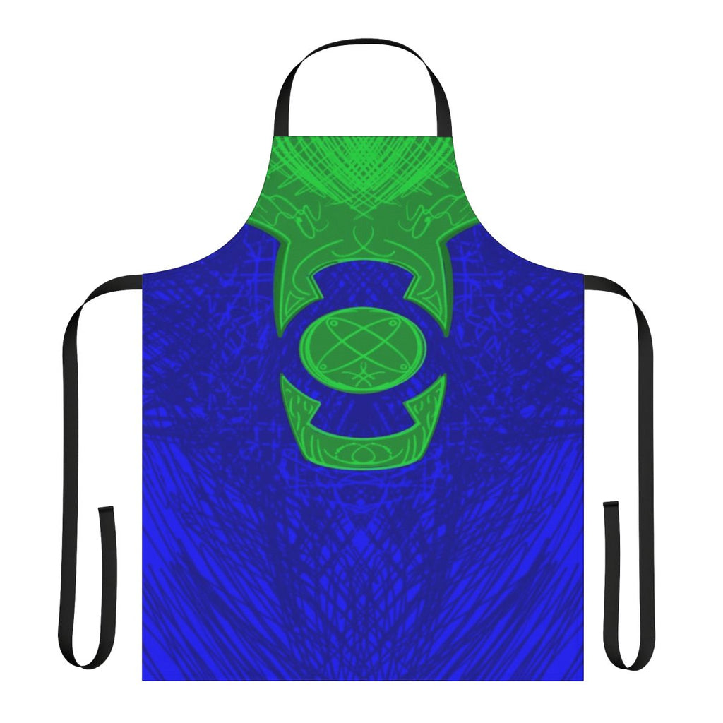 A vibrant green and blue apron featuring an ionic energy design inspired by the Green Lantern superhero.