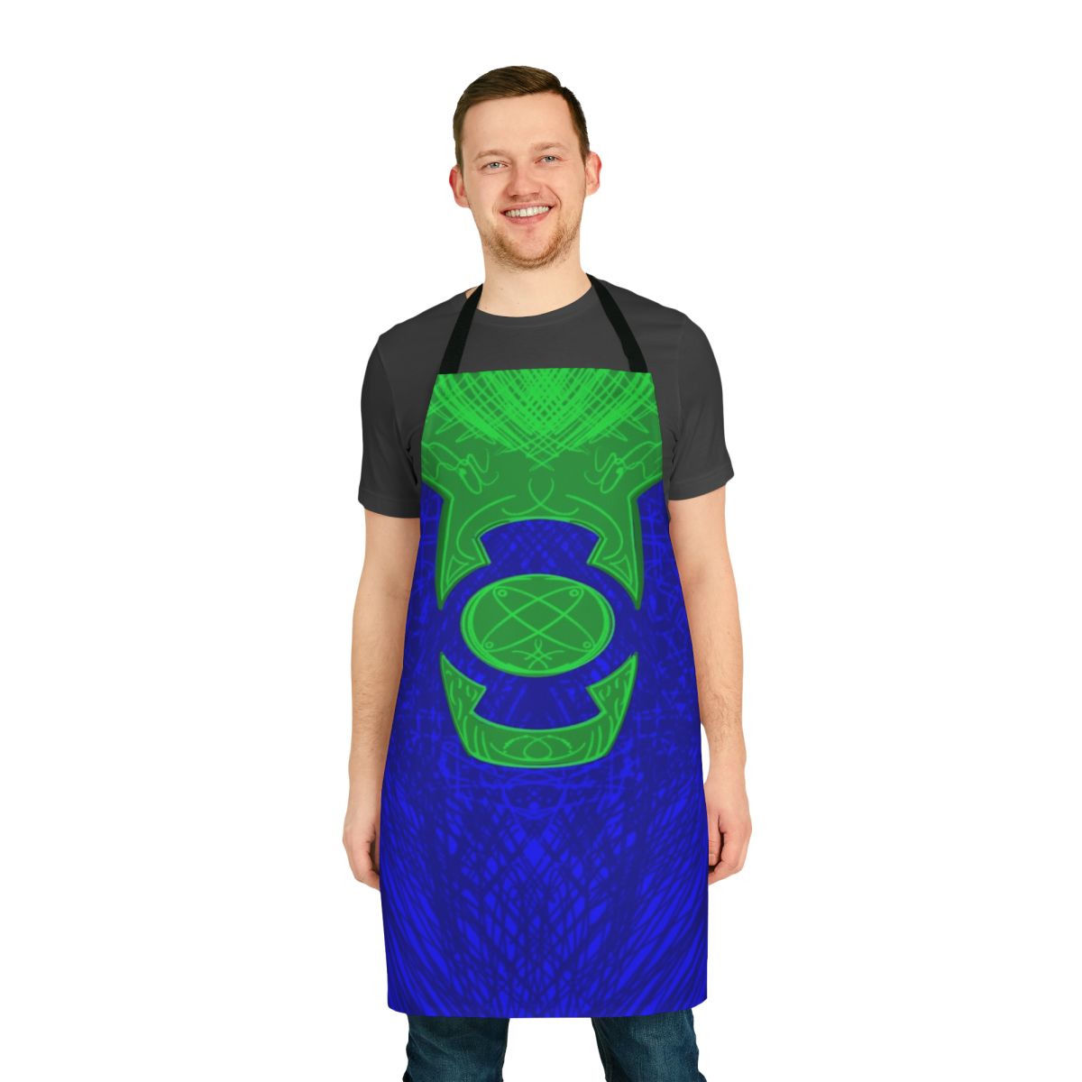 A vibrant green and blue apron featuring an ionic energy design inspired by the Green Lantern superhero.