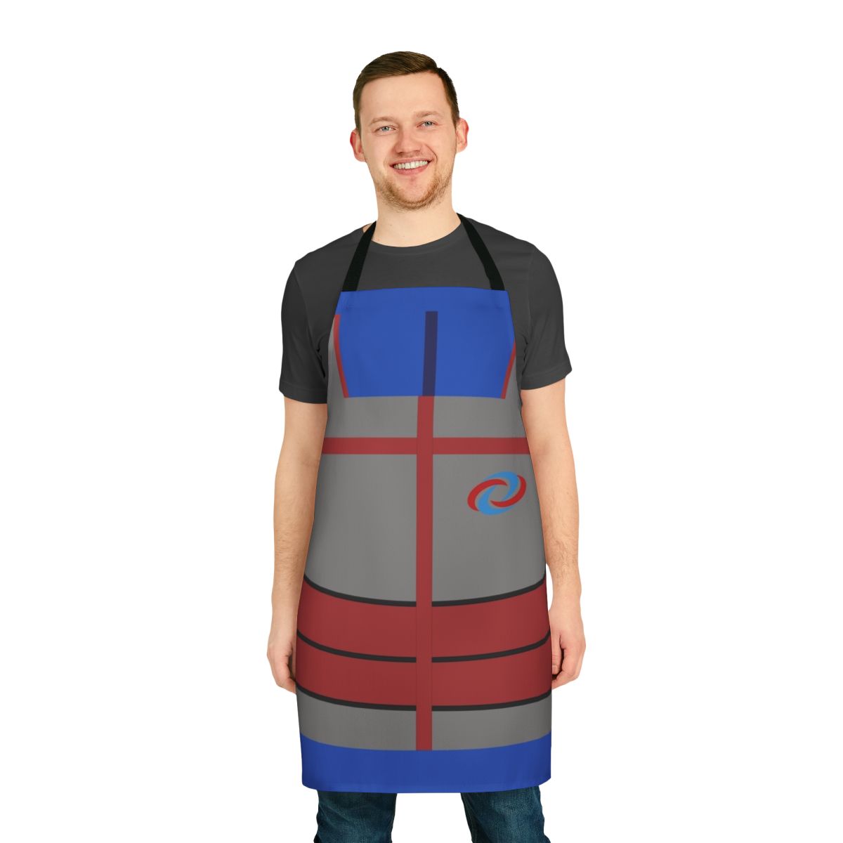 Blue and red minimalist apron design inspired by the Nickelodeon TV show Kid Danger