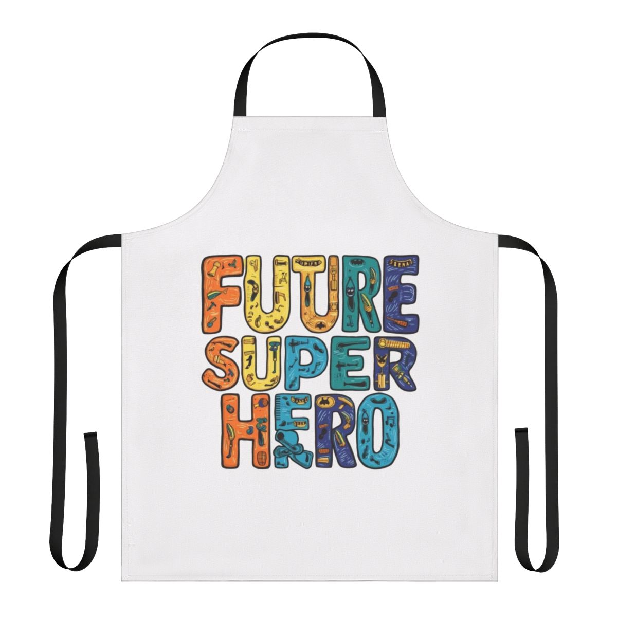 A colorful, superhero-themed apron perfect for kids' imaginative play and cooking adventures.