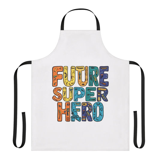 A colorful, superhero-themed apron perfect for kids' imaginative play and cooking adventures.