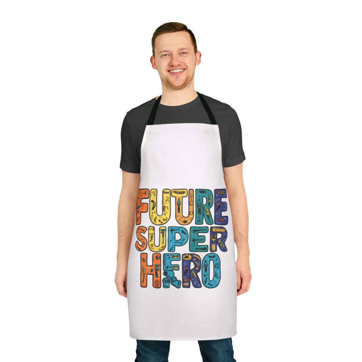 A colorful, superhero-themed apron perfect for kids' imaginative play and cooking adventures.