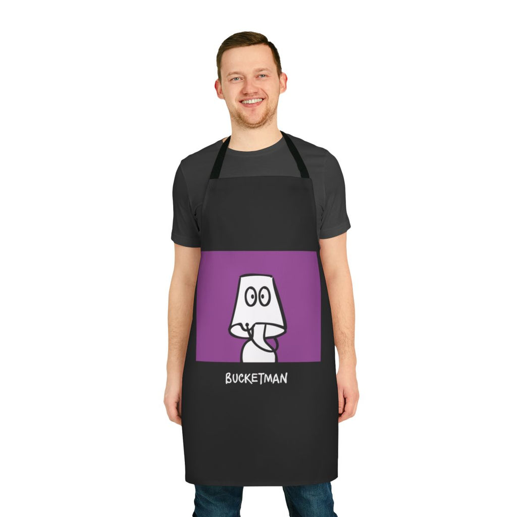 A superhero-themed apron with a 'Bucketman' design, perfect for the kitchen