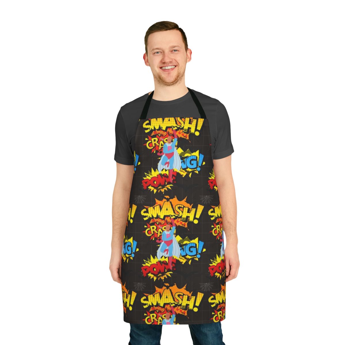 A classic apron design with a superhero-inspired look, perfect for the kitchen.