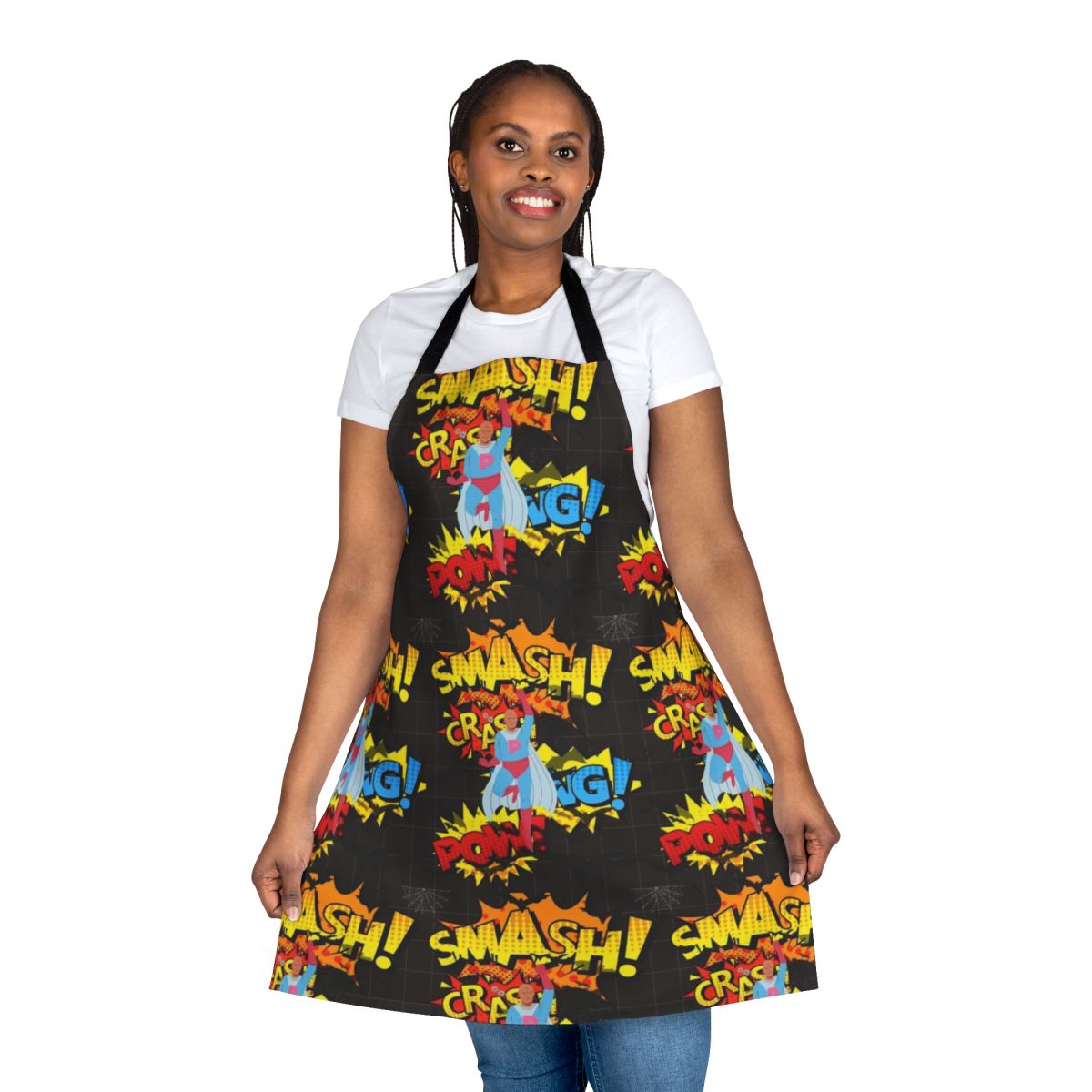A classic apron design with a superhero-inspired look, perfect for the kitchen.