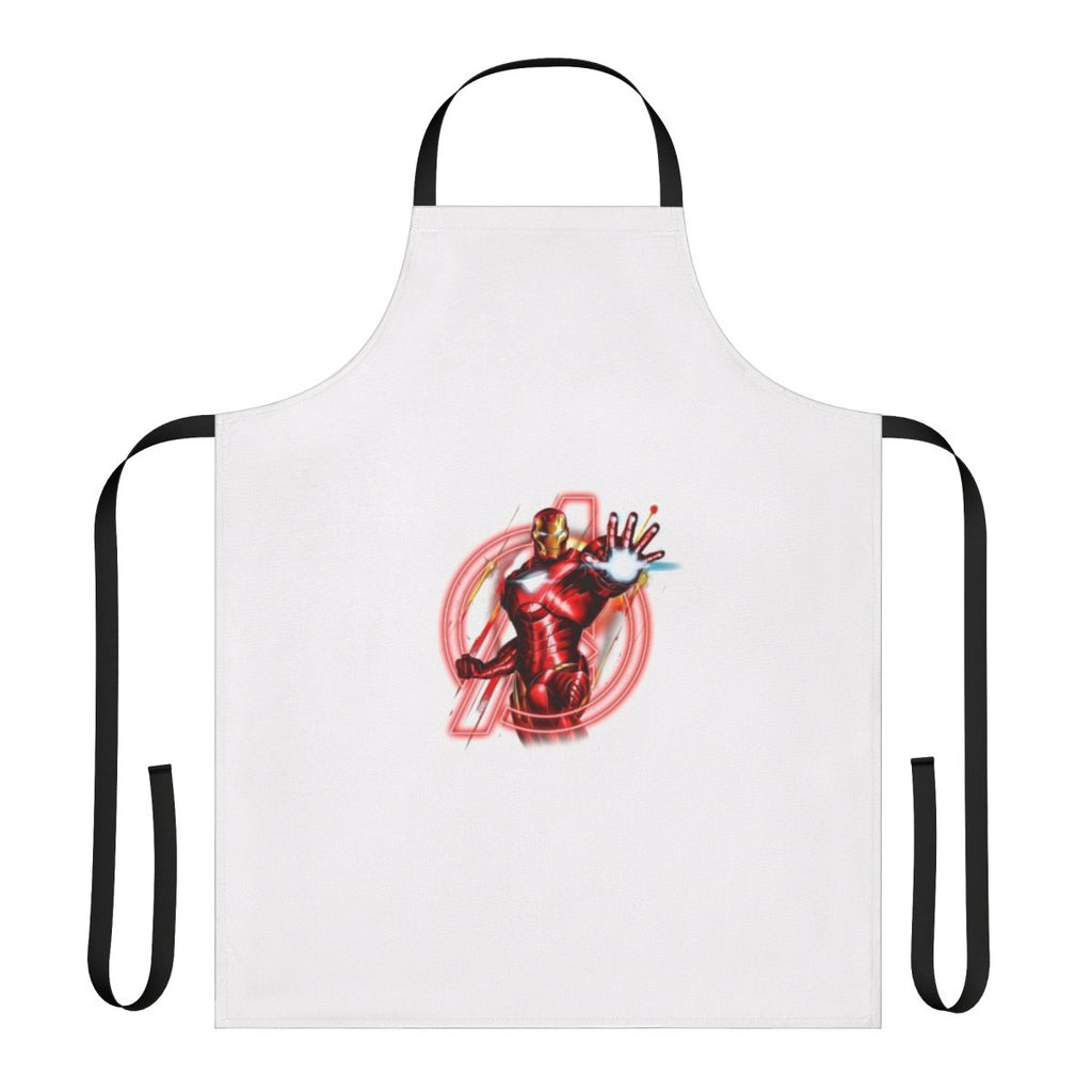 A superhero-themed apron with an iron design, perfect for cooking and baking enthusiasts.