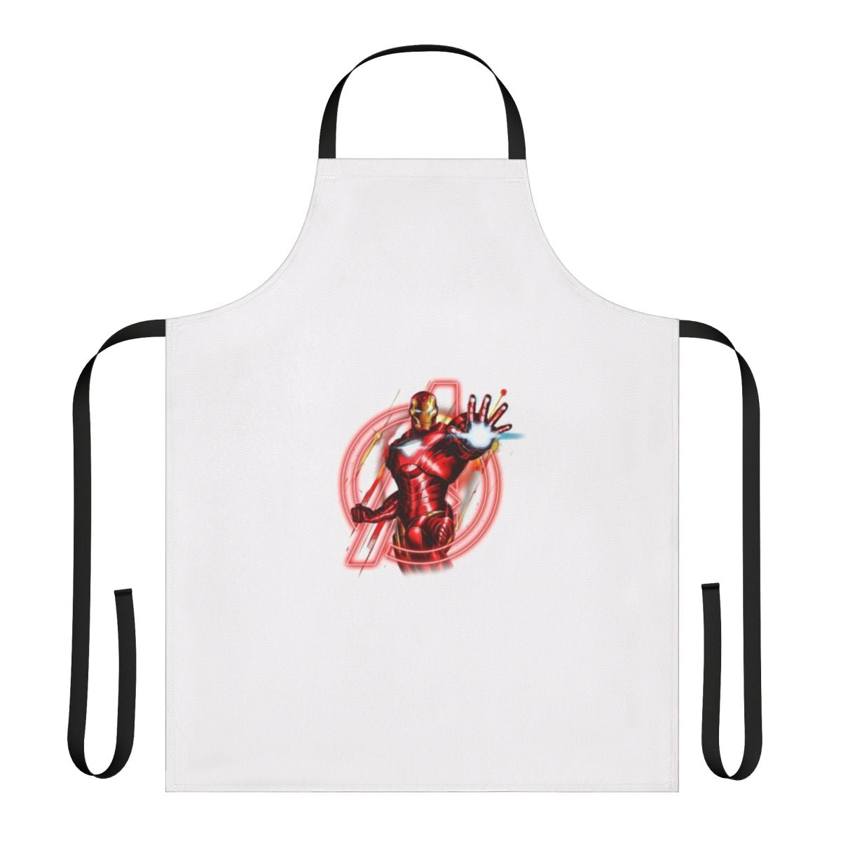 A superhero-themed apron with an iron design, perfect for cooking and baking enthusiasts.