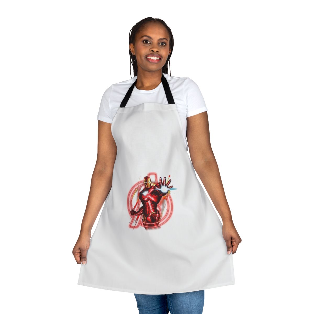 A superhero-themed apron with an iron design, perfect for cooking and baking enthusiasts.