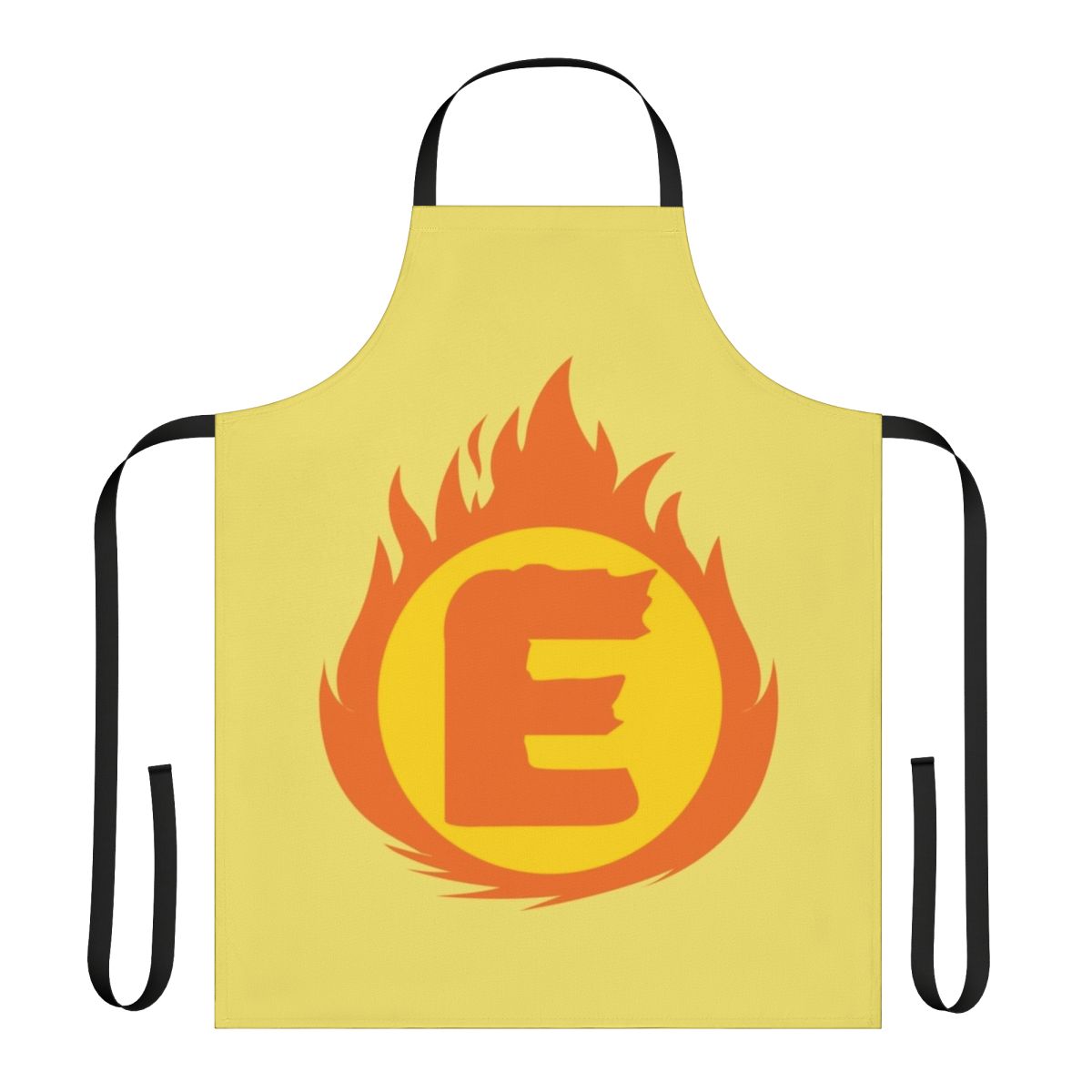 Superhero-themed apron featuring a bold letter E fire insignia design