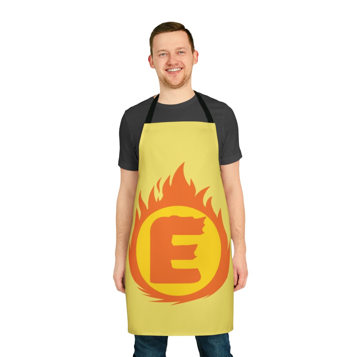 Superhero-themed apron featuring a bold letter E fire insignia design
