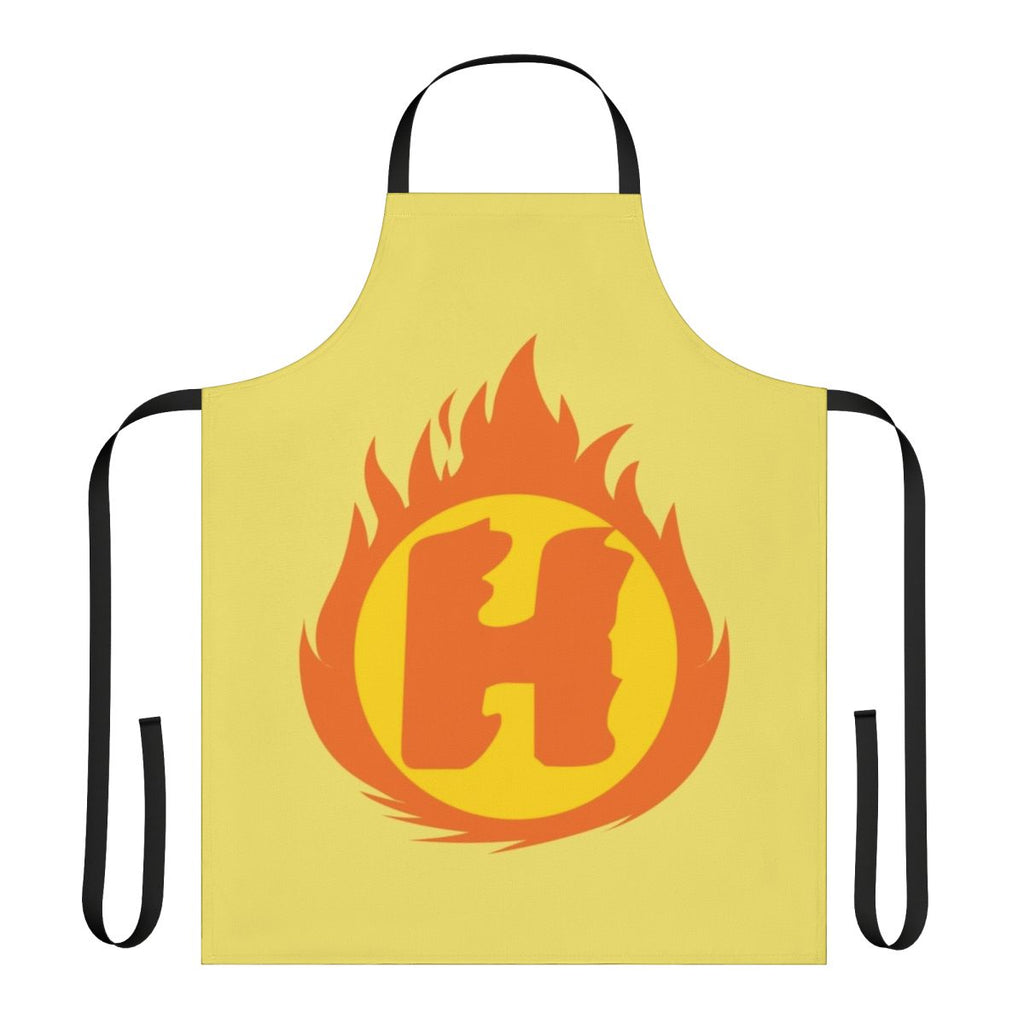 A red and yellow apron featuring a superhero-style letter H fire insignia design.