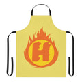 A red and yellow apron featuring a superhero-style letter H fire insignia design.