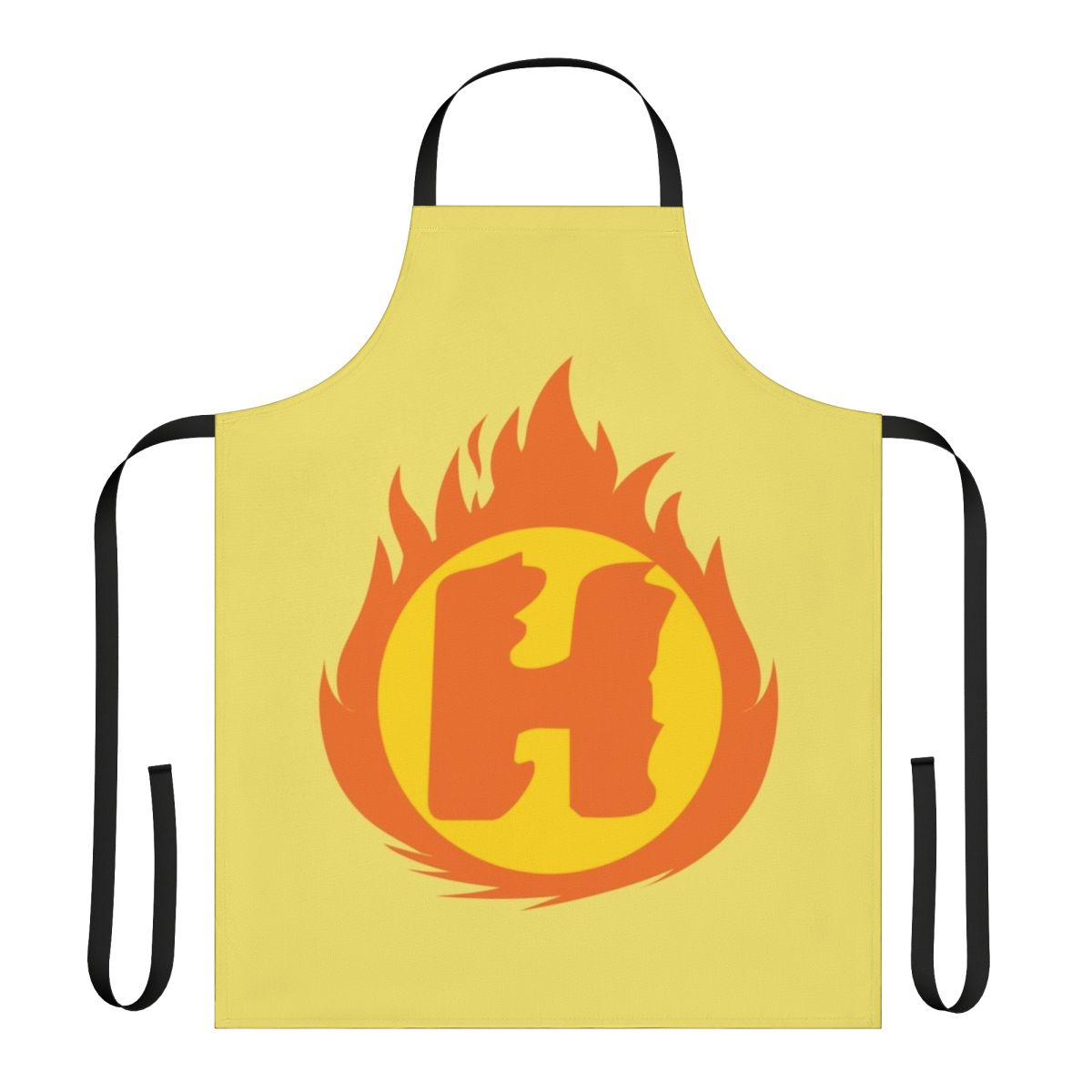 A red and yellow apron featuring a superhero-style letter H fire insignia design.