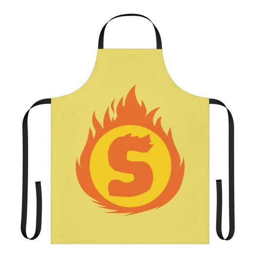 Superhero-inspired letter S fire insignia design printed on a black apron