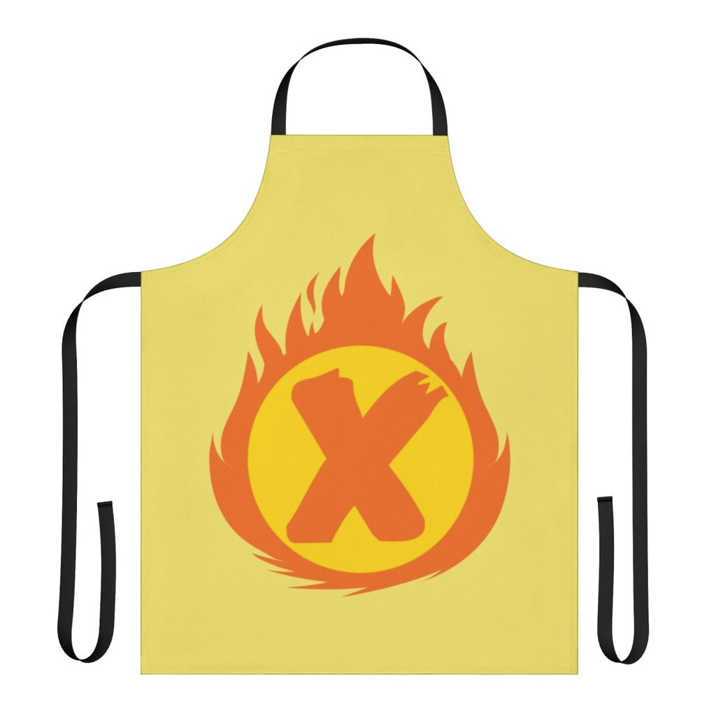 Superhero-inspired apron featuring a bold letter X and fire insignia design