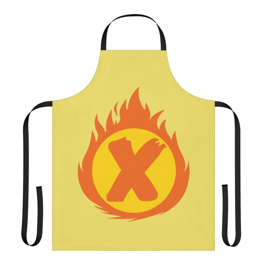 Superhero-inspired apron featuring a bold letter X and fire insignia design