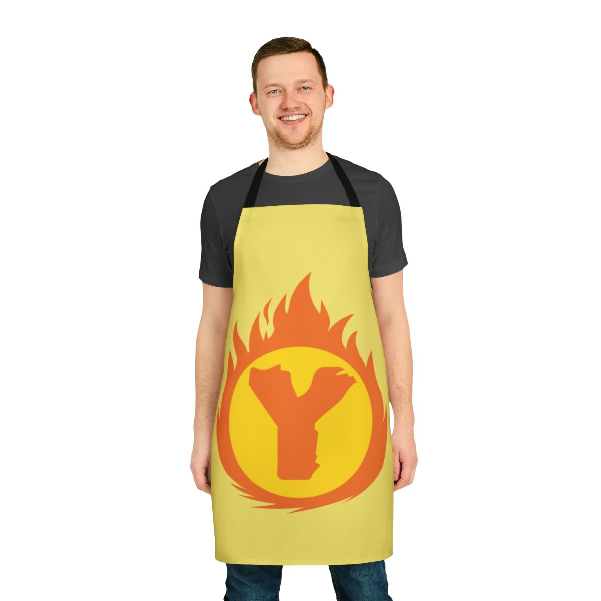 Superhero-inspired letter Y apron with a fire insignia design