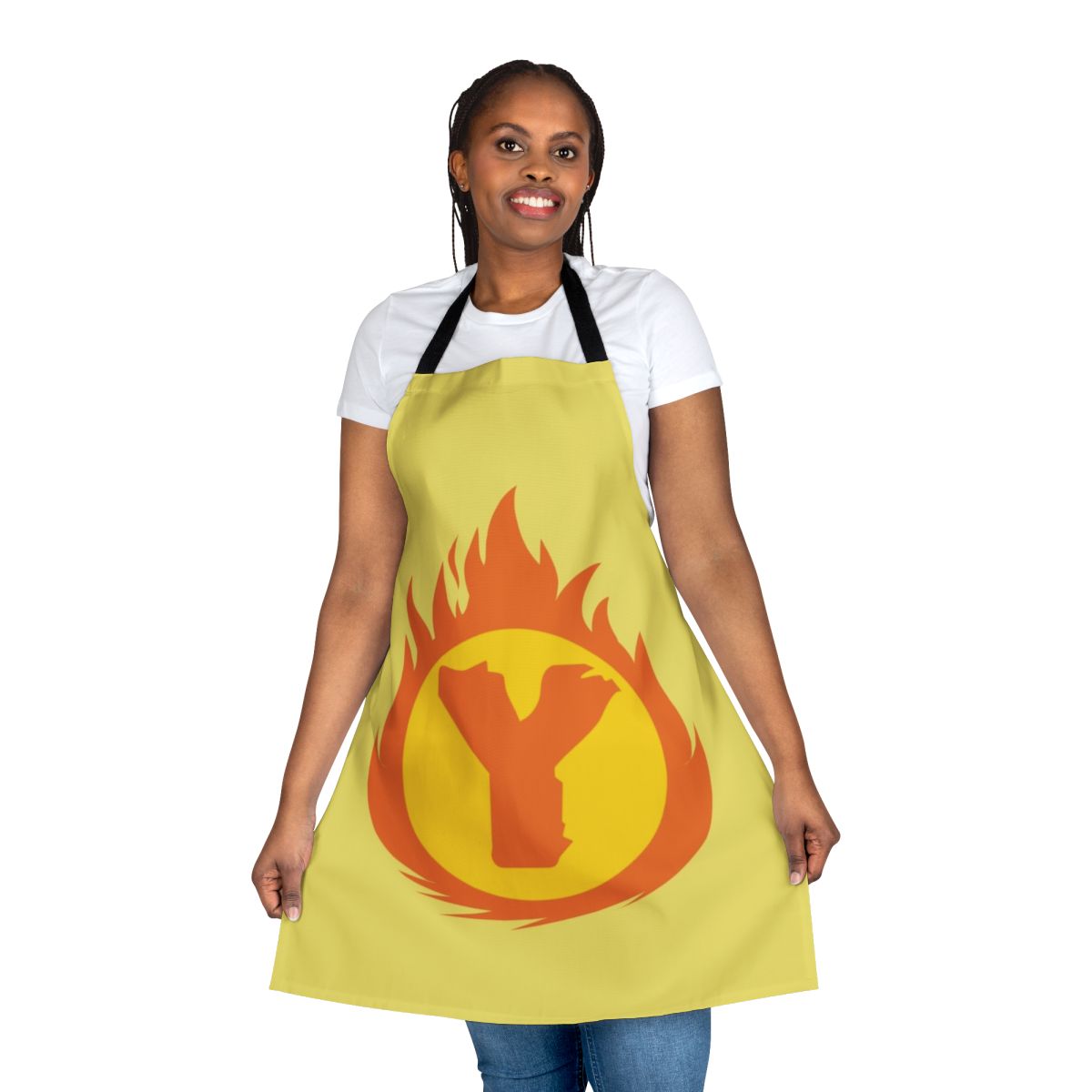 Superhero-inspired letter Y apron with a fire insignia design