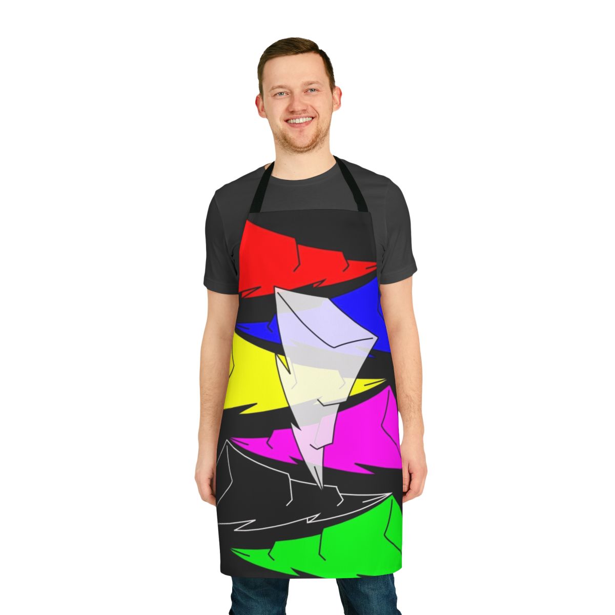 Stylized lightning bolt design on a durable apron for the power rangers fan or superhero enthusiast.
