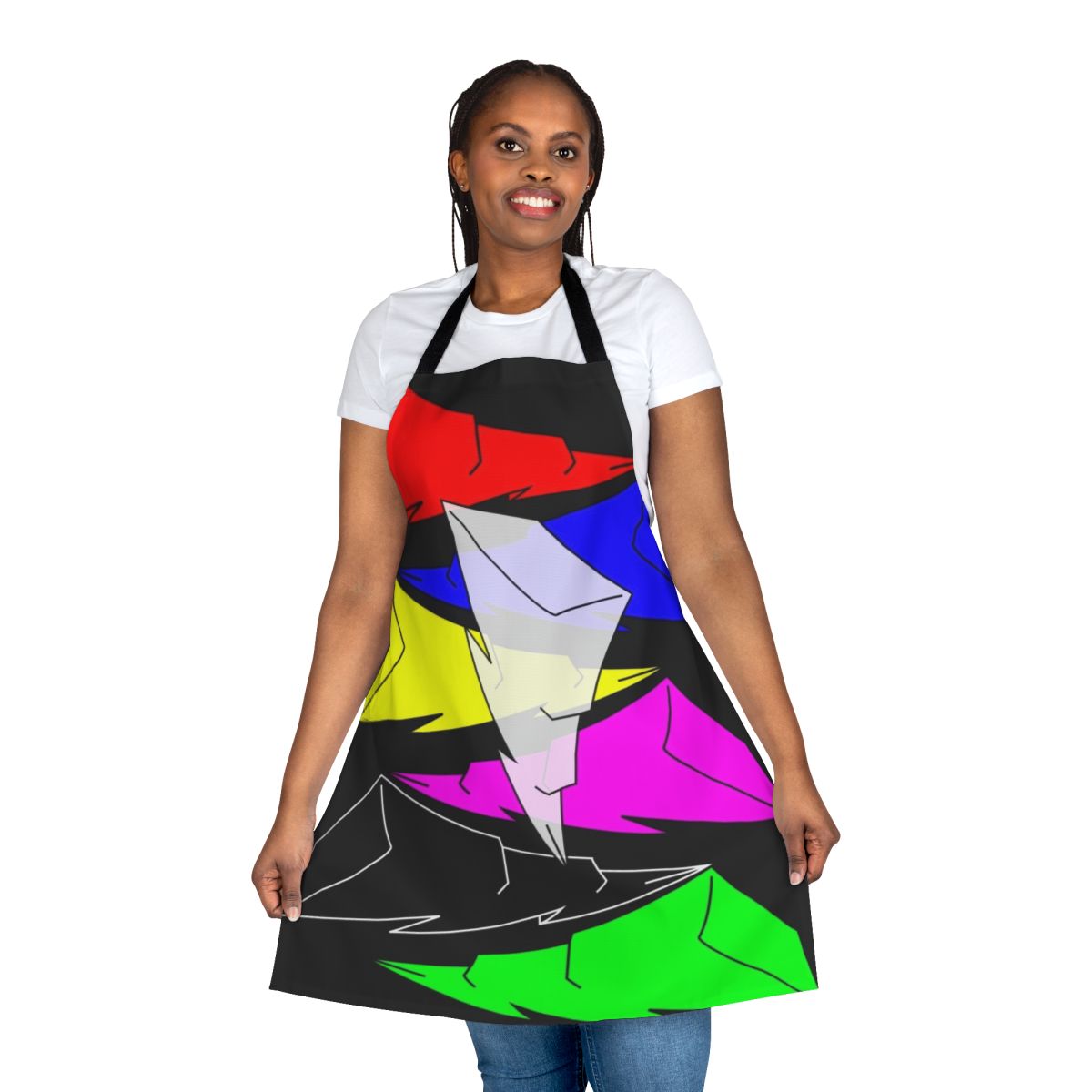 Stylized lightning bolt design on a durable apron for the power rangers fan or superhero enthusiast.