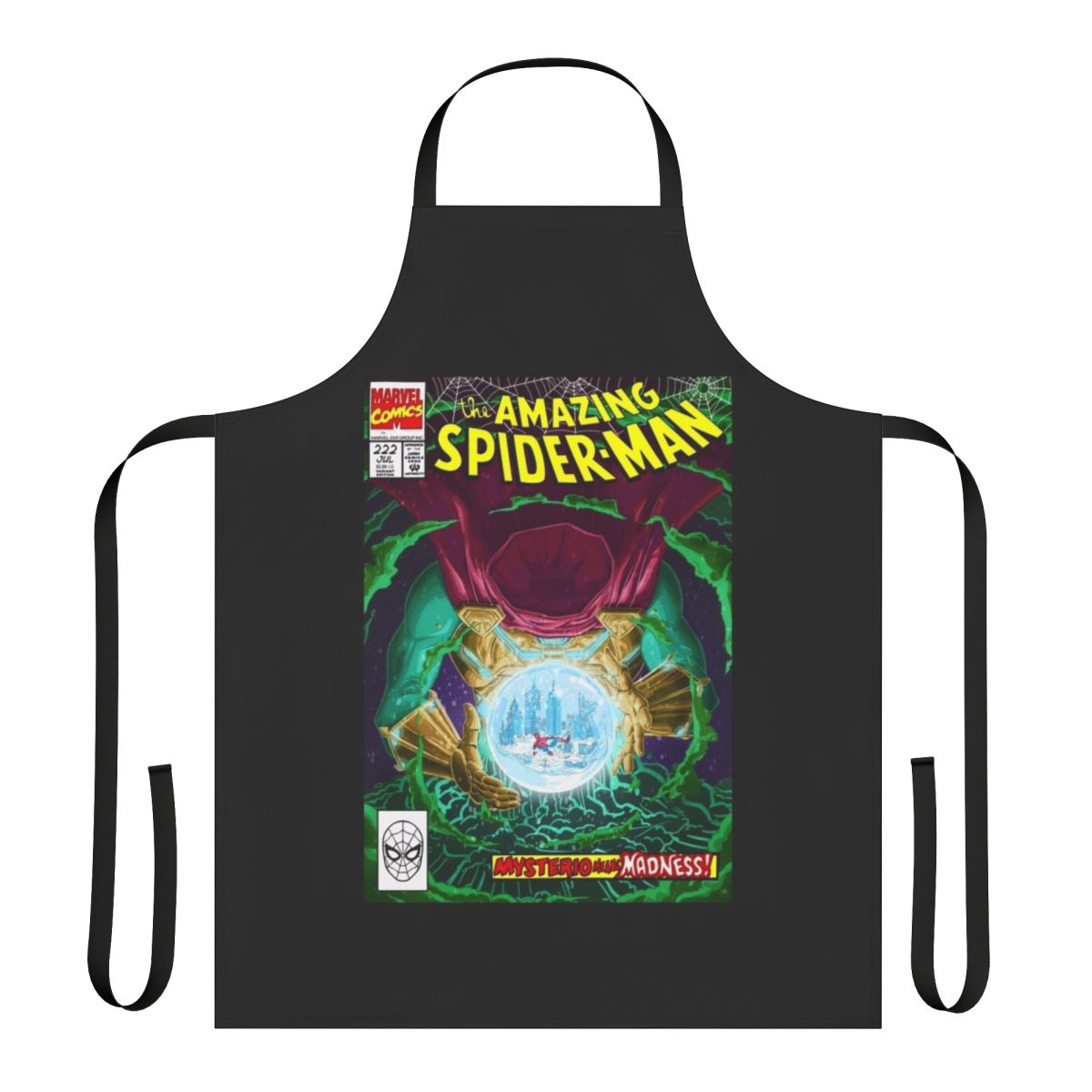 Apron featuring Mysterio, a Spider-Man villain, in a comic book-style design