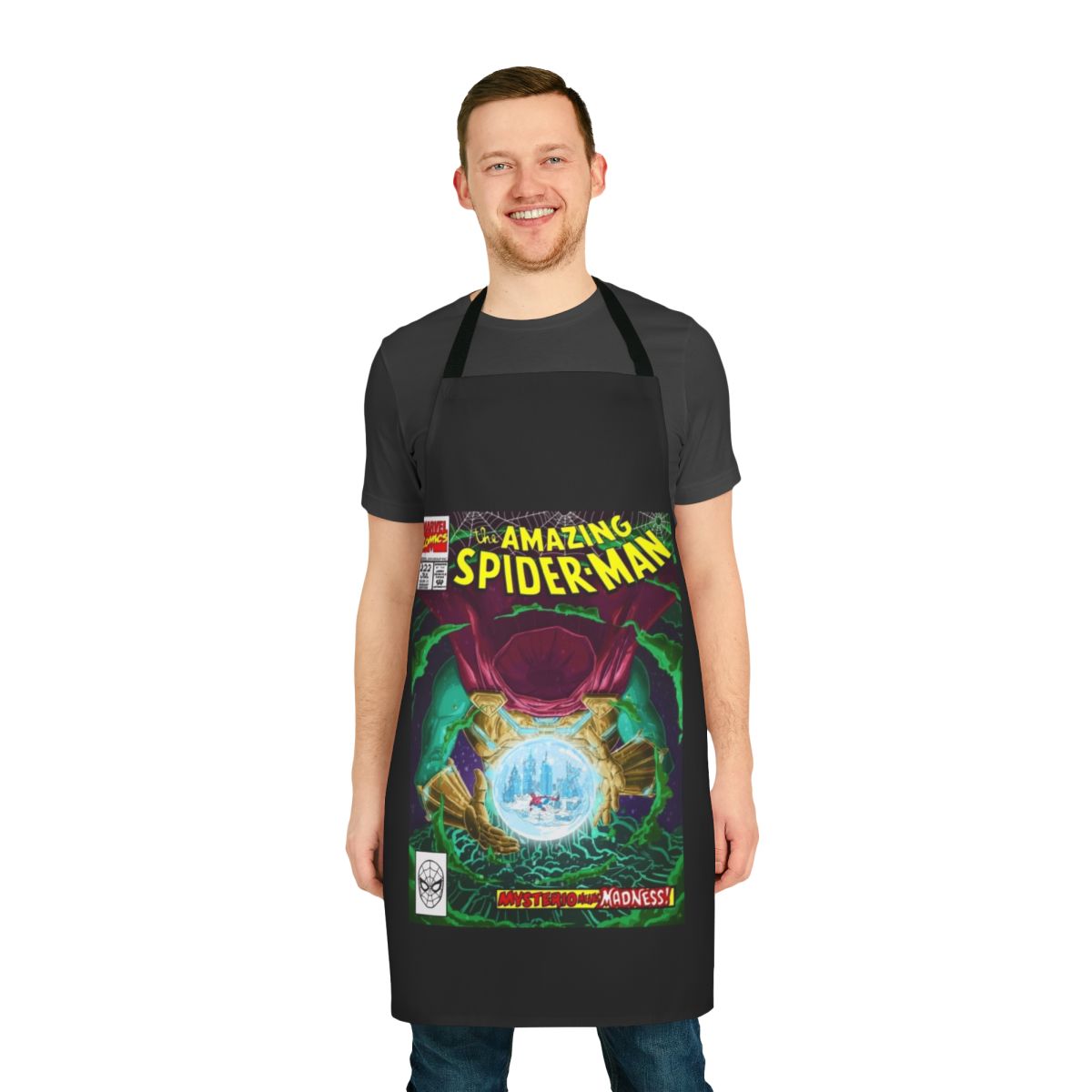 Apron featuring Mysterio, a Spider-Man villain, in a comic book-style design