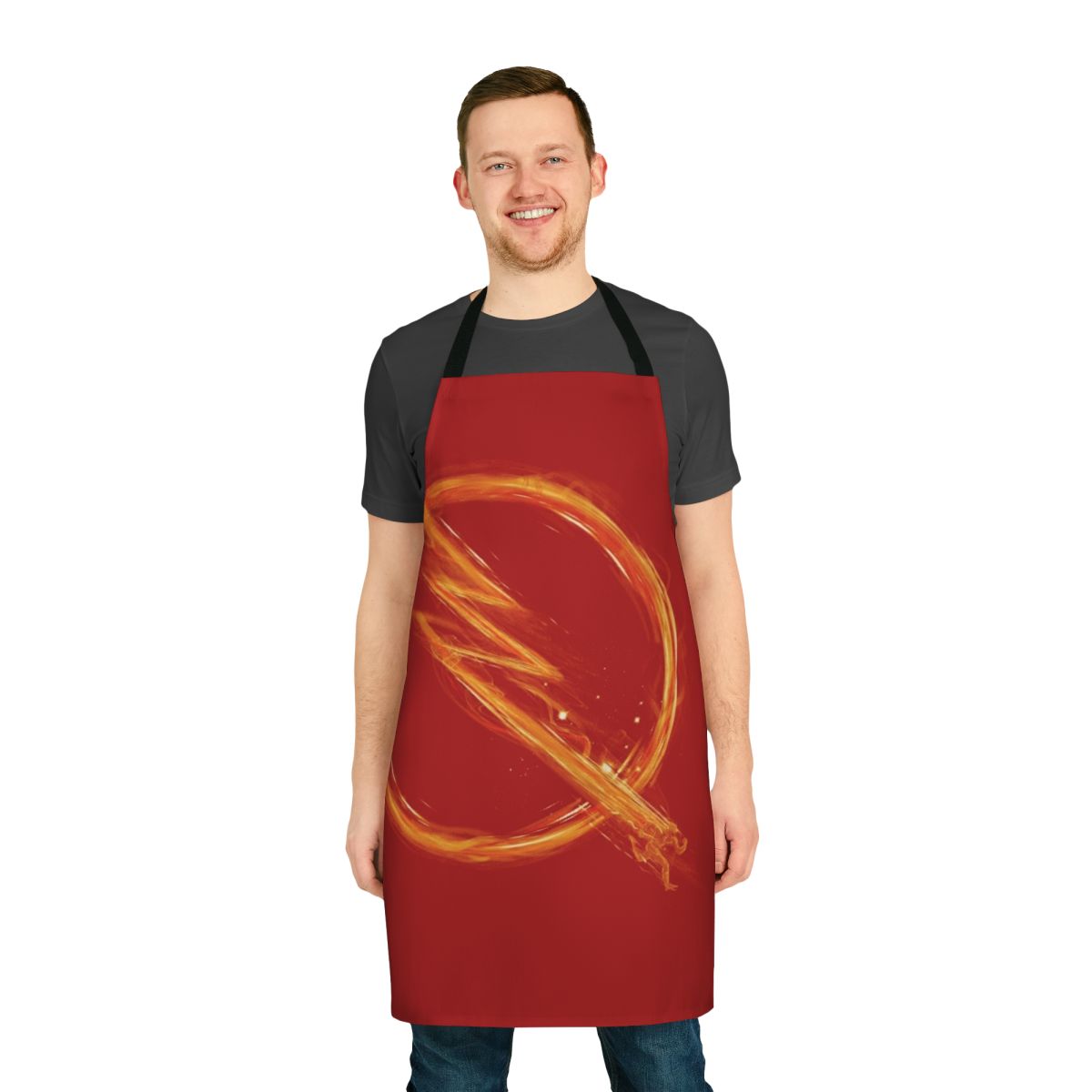 Reversible apron with a superhero-inspired design, featuring lightning bolt graphics.