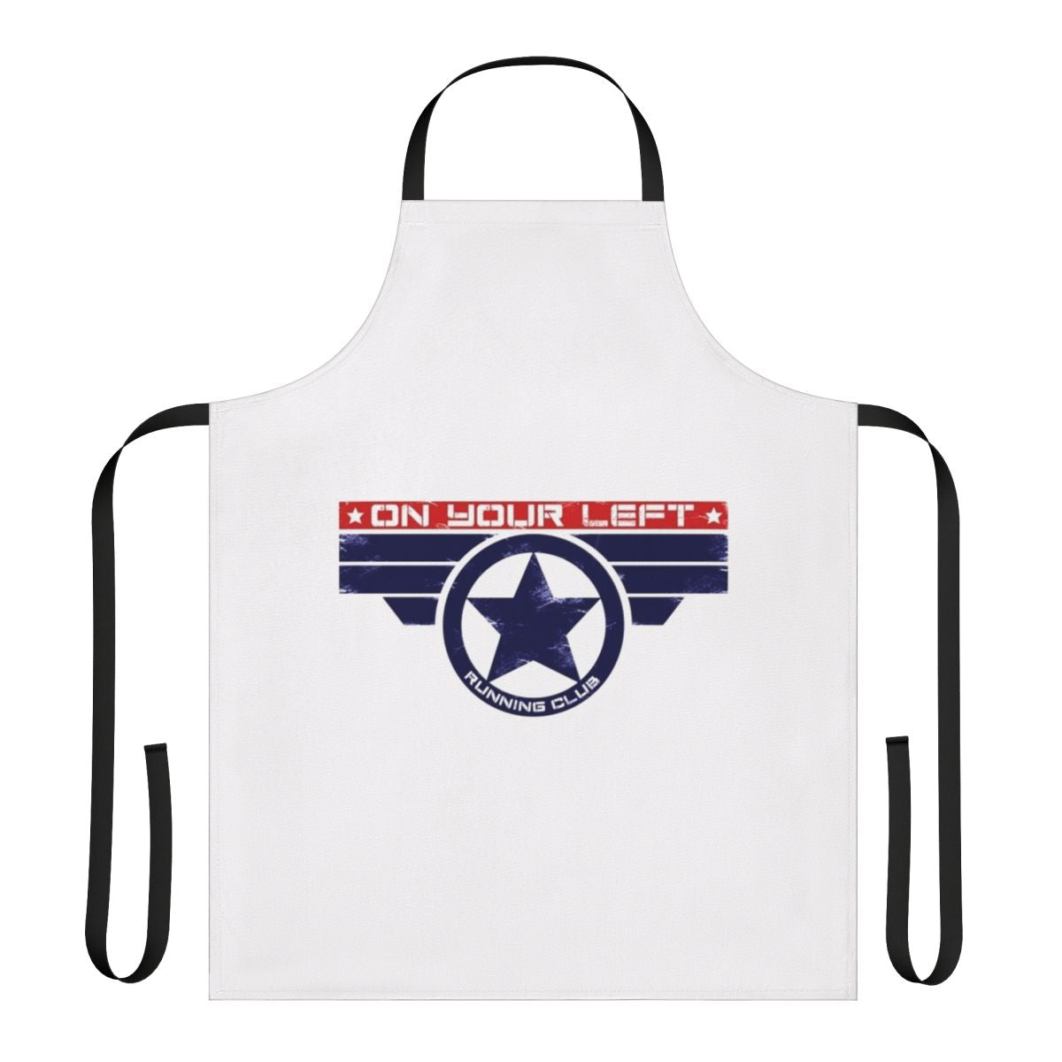 Stylish superhero-themed apron with "On Your Left Running Club" design