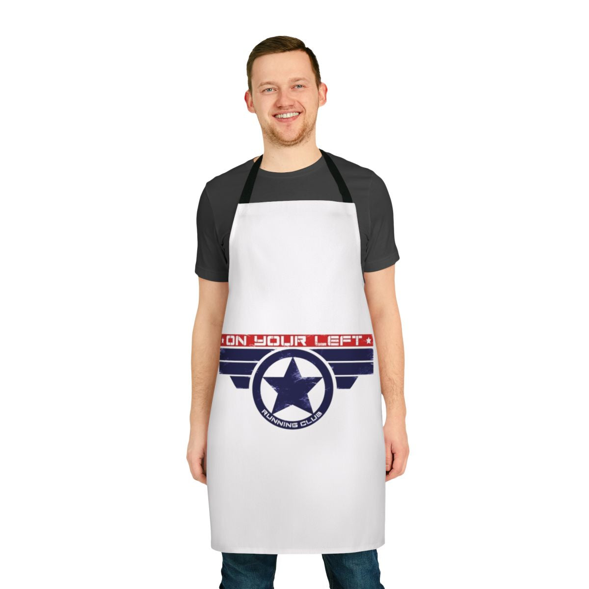 Stylish superhero-themed apron with "On Your Left Running Club" design