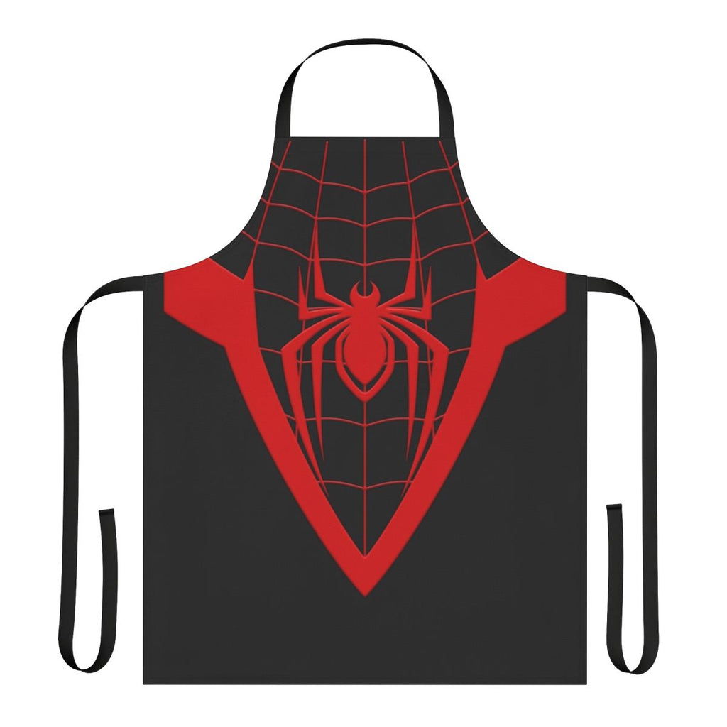 A black apron featuring the iconic Spider-Man suit design.