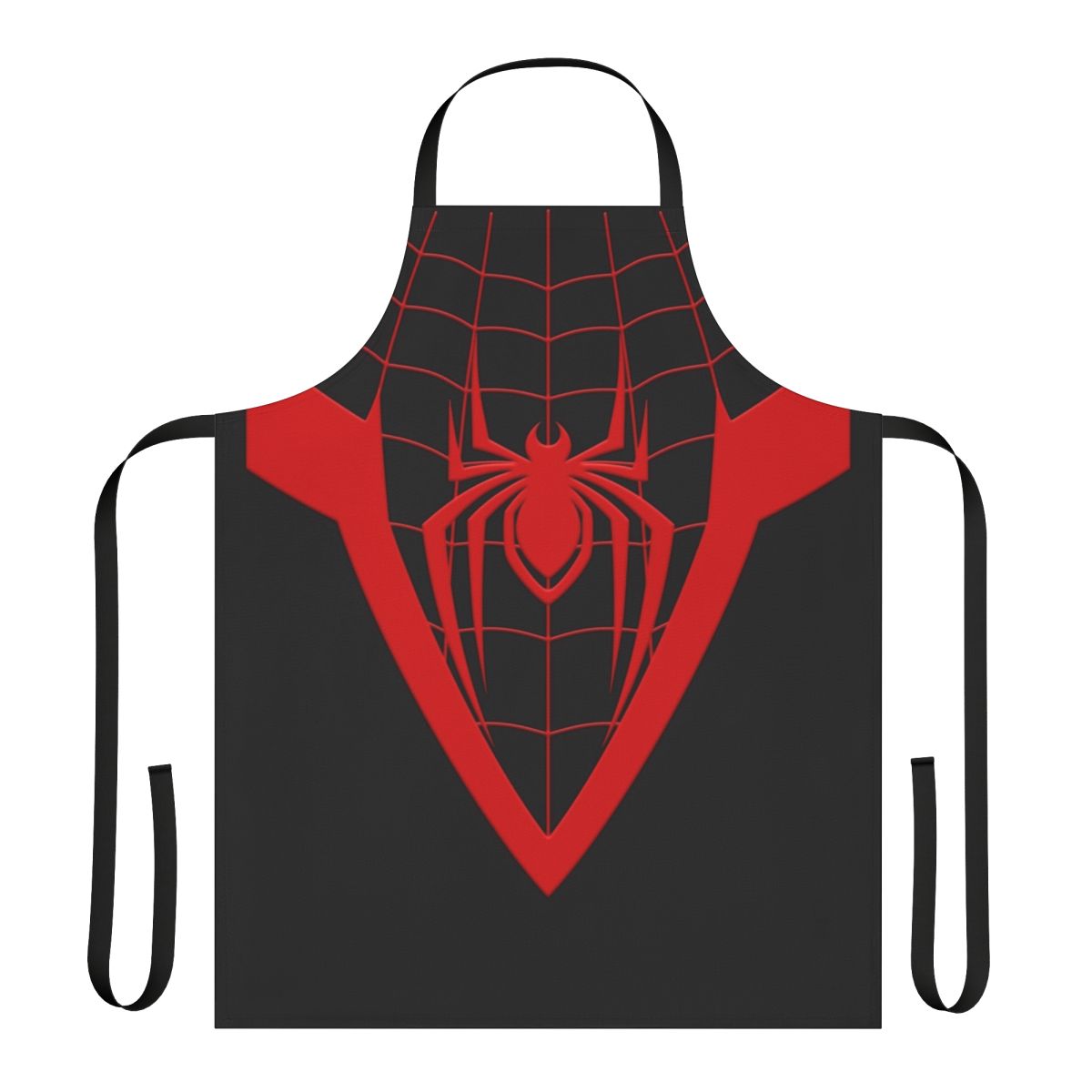 A black apron featuring the iconic Spider-Man suit design.