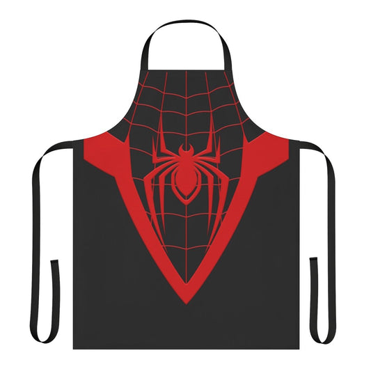 A black apron featuring the iconic Spider-Man suit design.