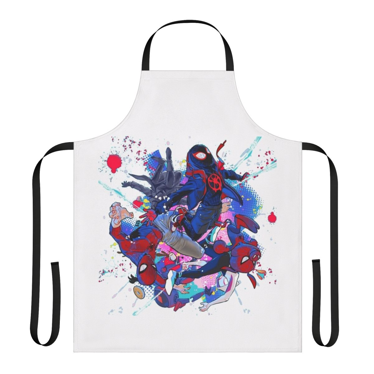 Spider Verse-themed apron featuring web designs and spider motifs